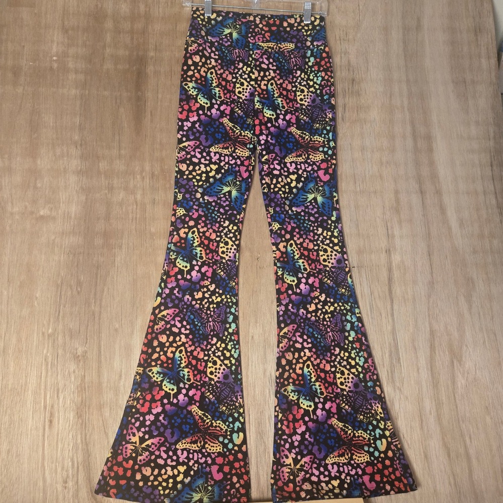 Boho Hippie Rainbow Butterfly Leopard Print Flare Leggings Bell Bottoms Medium
